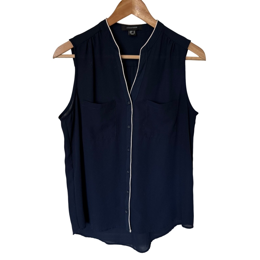 Atmosphere Blouse Women Size 8 Navy Blue Excellent Sleeveless Contrast Piping